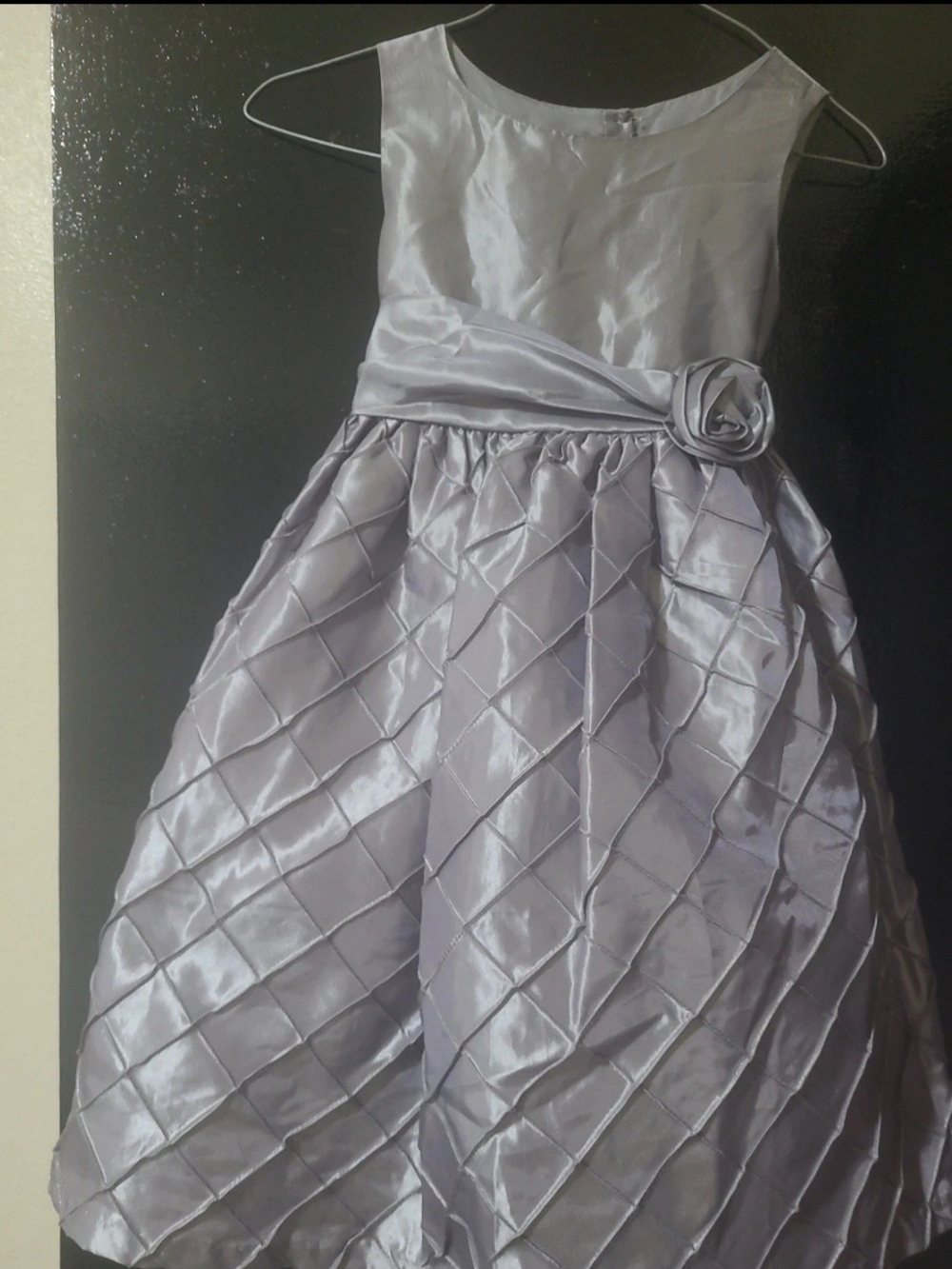 Girls' Silver Satin Party Dress with Rosette Waist